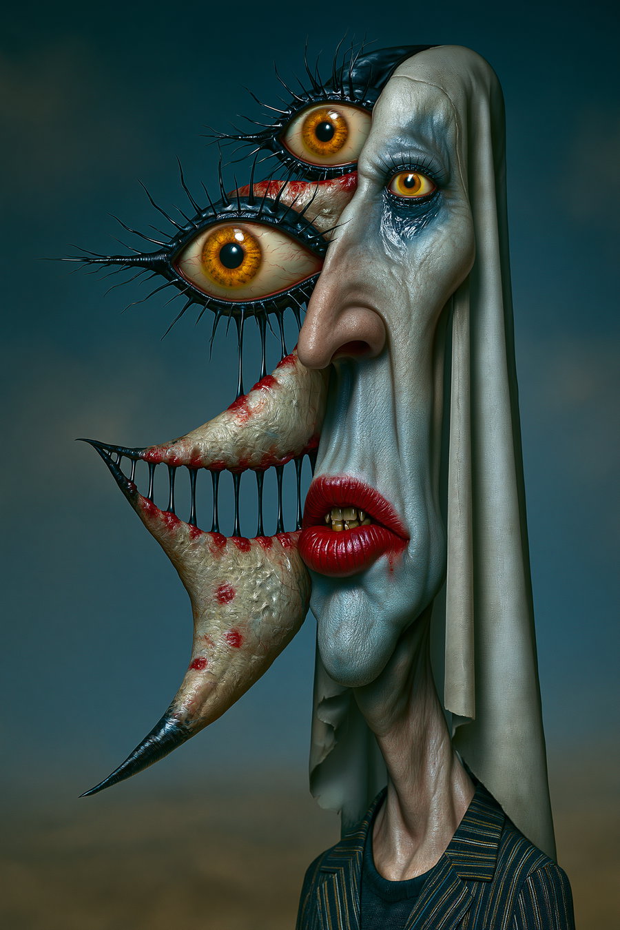A surreal digital art portrait showing a figure with multiple large yellow eyes, exaggerated long eyelashes, red lips, sharp teeth, and a pale cloak over the head, set against a dark moody background
