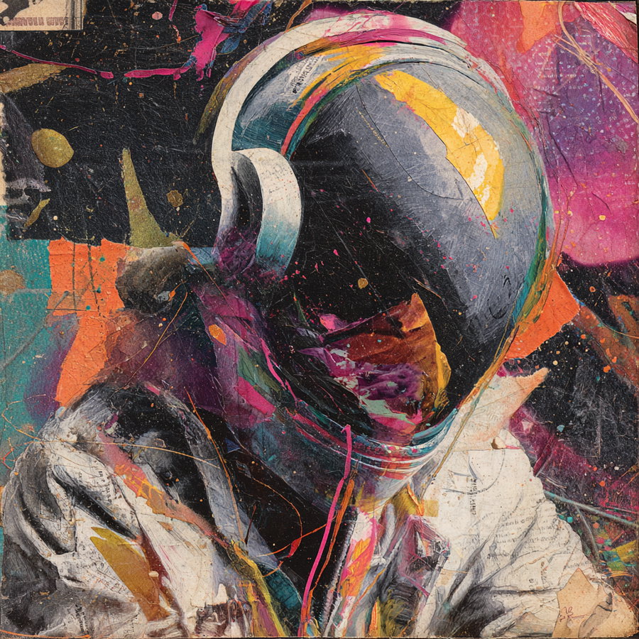 A textured abstract artwork featuring an astronaut helmet with multicolored vivid splashes in tones of pink, purple, orange, yellow, and turquoise on a dark background.