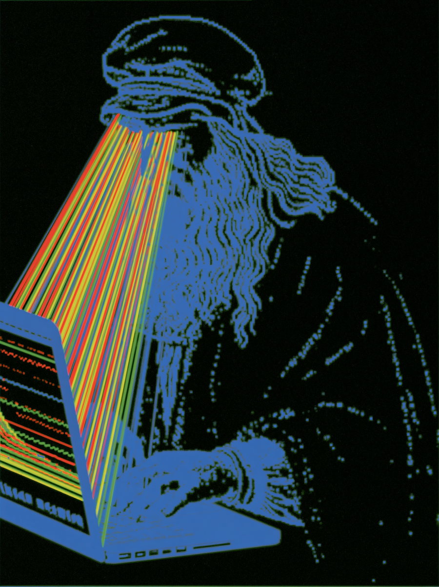 A stylized, pixelated image of an old man with a beard looking at a laptop, with colorful rainbow beams emanating from the laptop screen towards his eyes on a black background