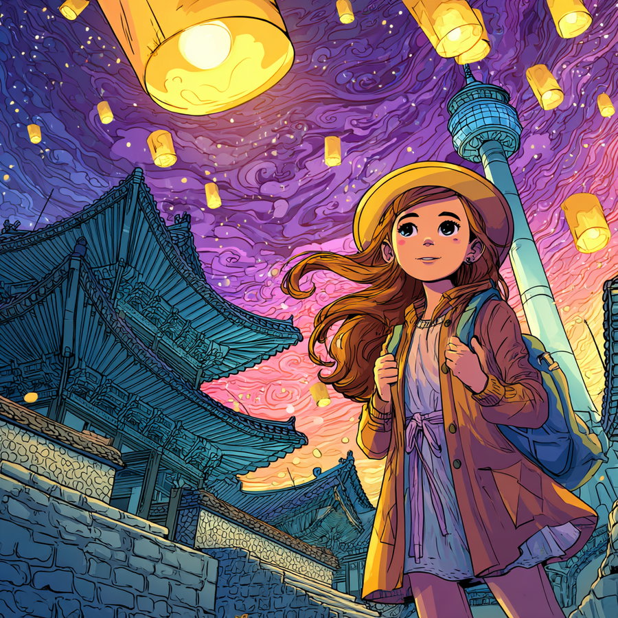 A vibrant stylized illustration showing a young woman with long hair and a hat, standing in front of traditional Asian architecture and a tall tower, with a swirling purple and pink sky filled with glowing floating lanterns.