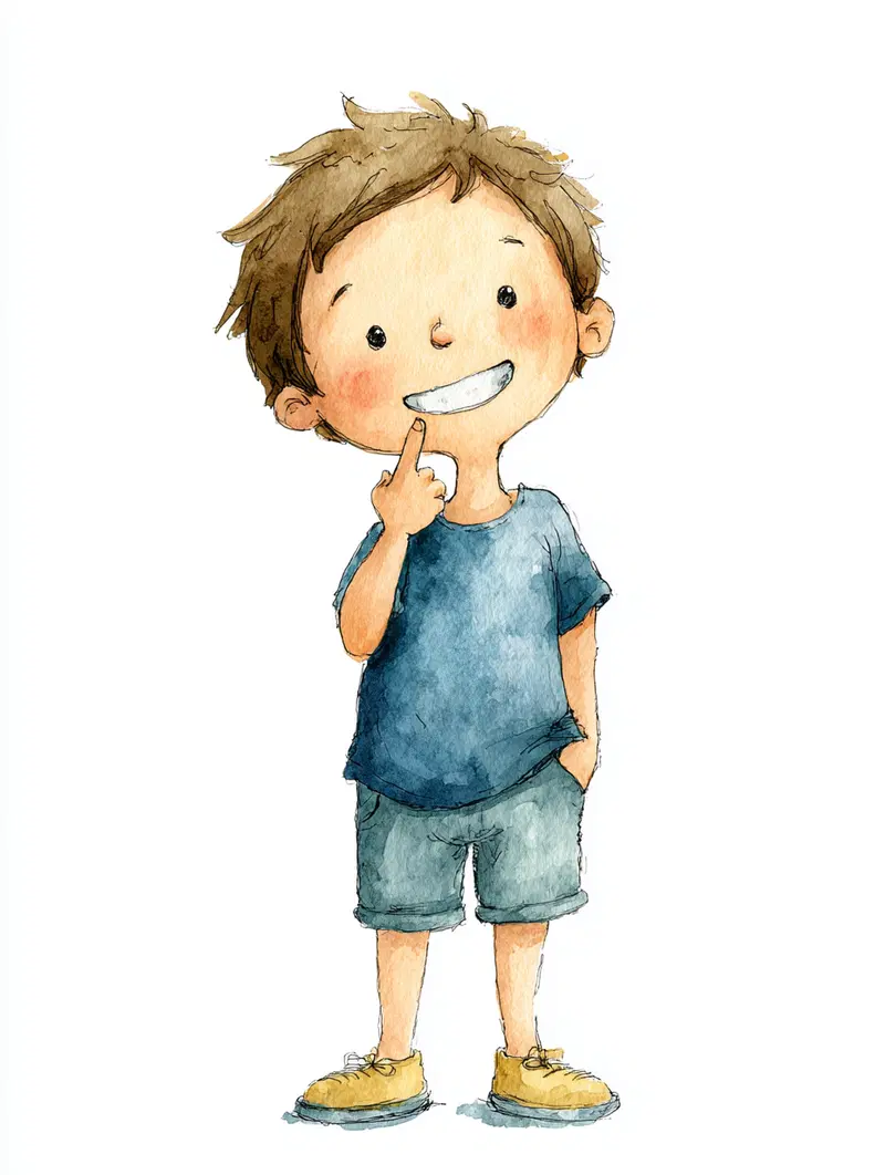 Watercolor illustration of a smiling boy in casual summer clothes