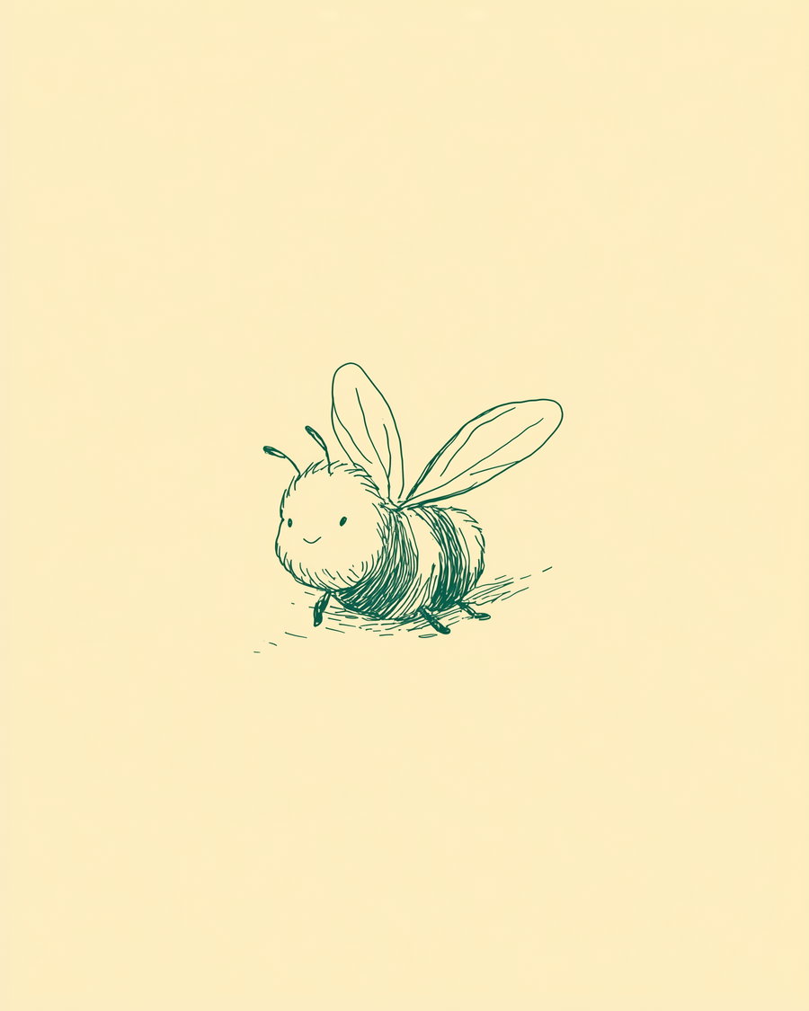 Minimalist line art of a smiling bee with wings on a plain cream background