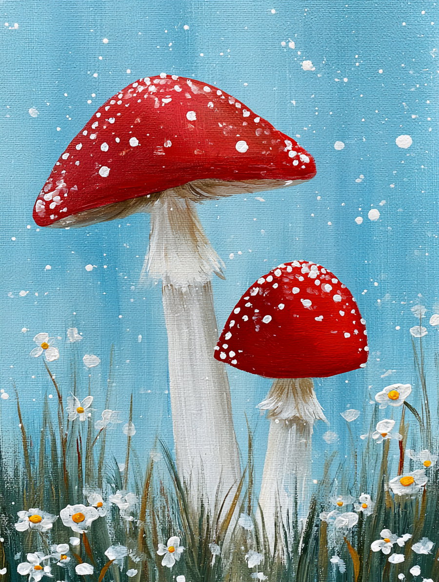 Painting showing two red mushrooms with white spots standing tall among white wildflowers and grass against a blue background