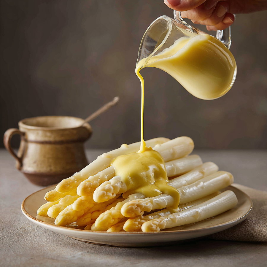 White asparagus spears on a beige plate with creamy yellow sauce being poured from a small glass pitcher, rustic cup in the background