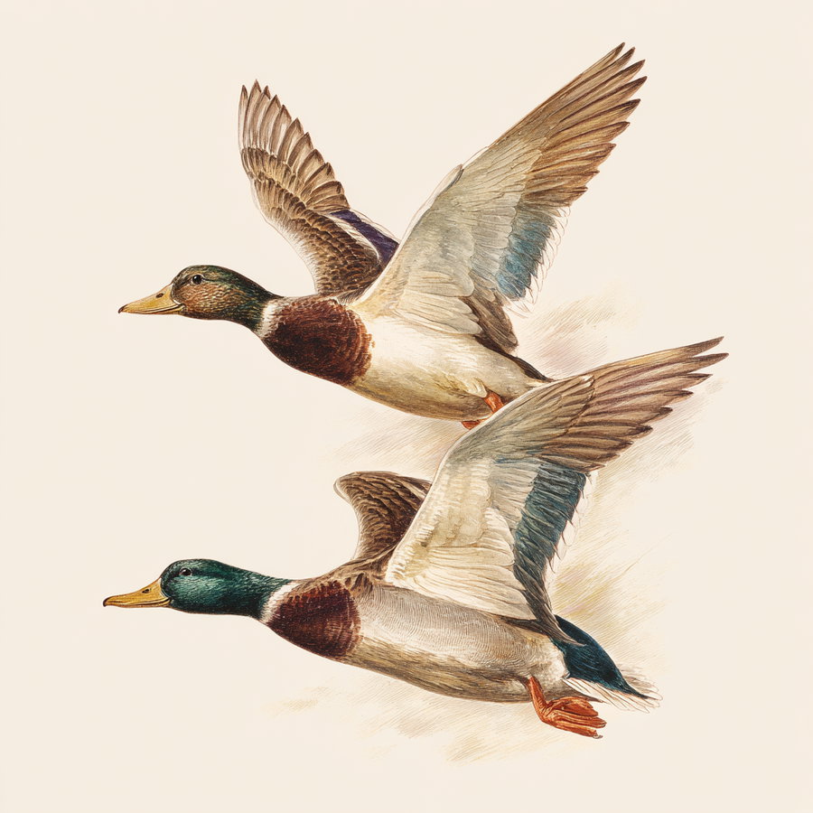 Two mallard ducks flying with wings fully extended, set against a neutral background