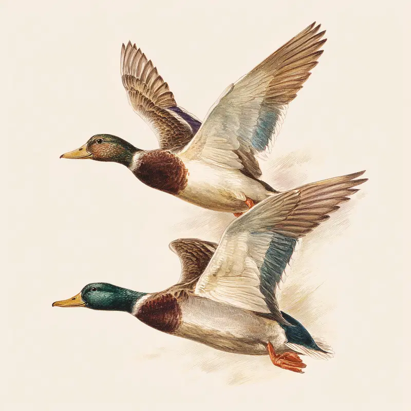 Detailed vintage illustration of two mallard ducks in flight with wings spread