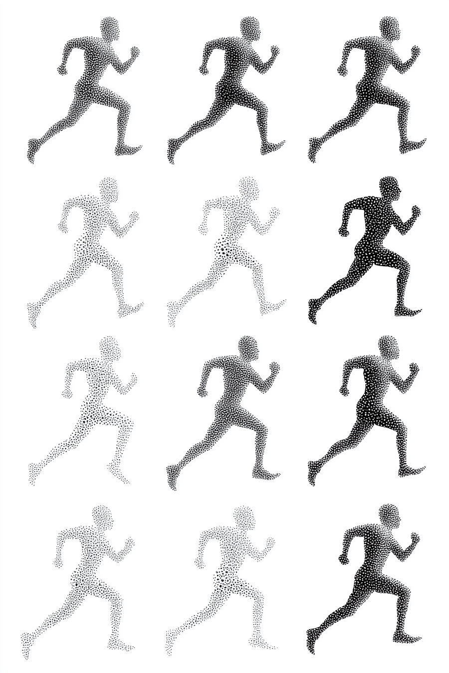 Multiple black and white dotted silhouettes of a running man arranged in a grid pattern on a white background