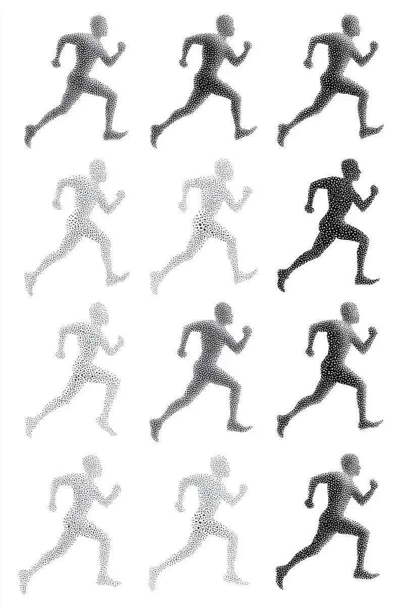 Black and white silhouette art of a running man created with dot patterns