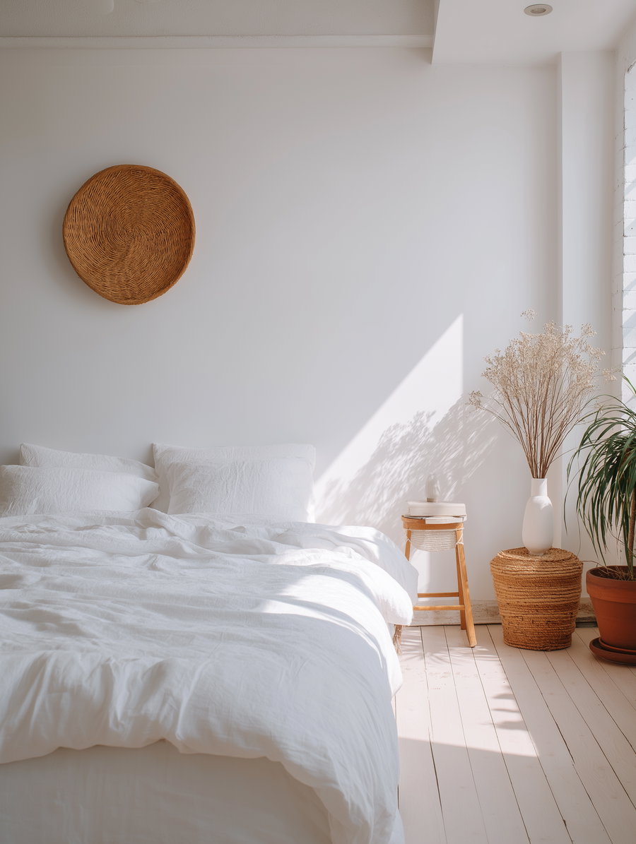 Bright bedroom with white bed linens, a woven wall basket, wooden stool with books, and potted plants in natural light