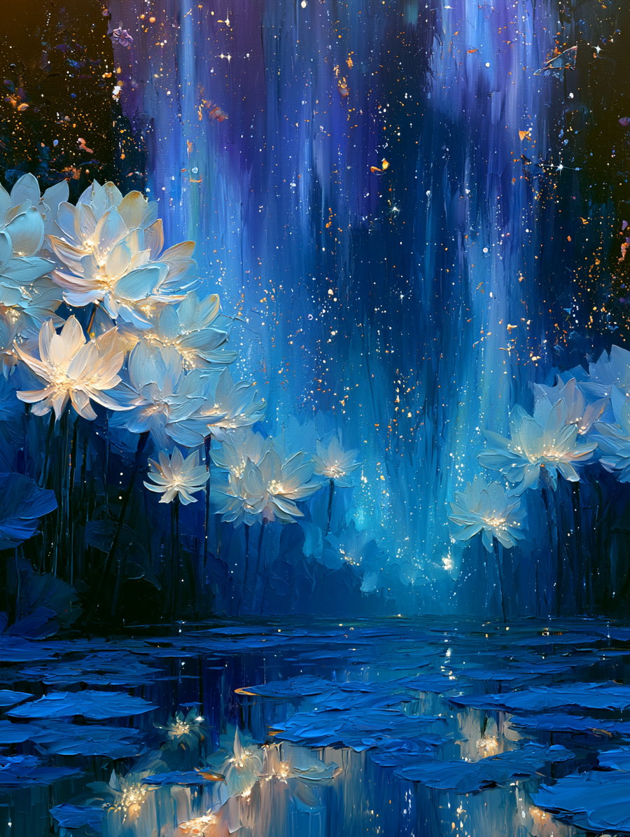 An impressionistic painting of glowing white water lilies floating on a dark blue pond, under a starry and vibrant blue night sky with golden sparkles