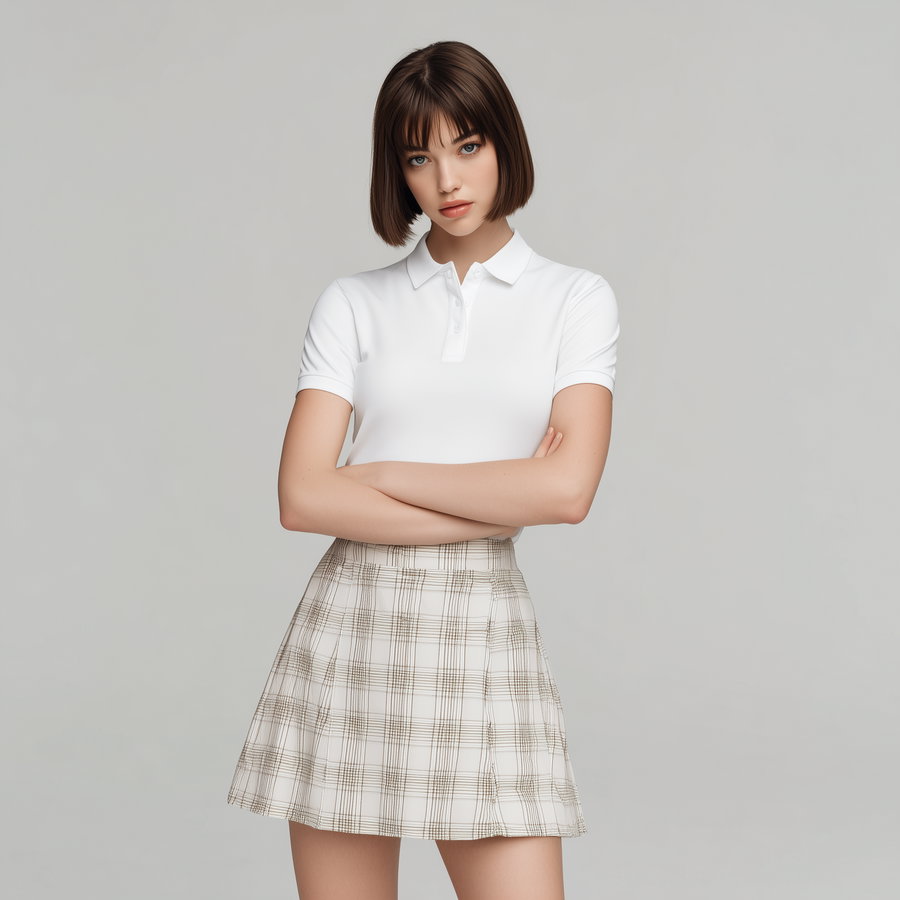 a young woman with a short brown bob hairstyle, wearing a white polo shirt and a beige plaid skirt, standing with her arms crossed against a plain light gray background