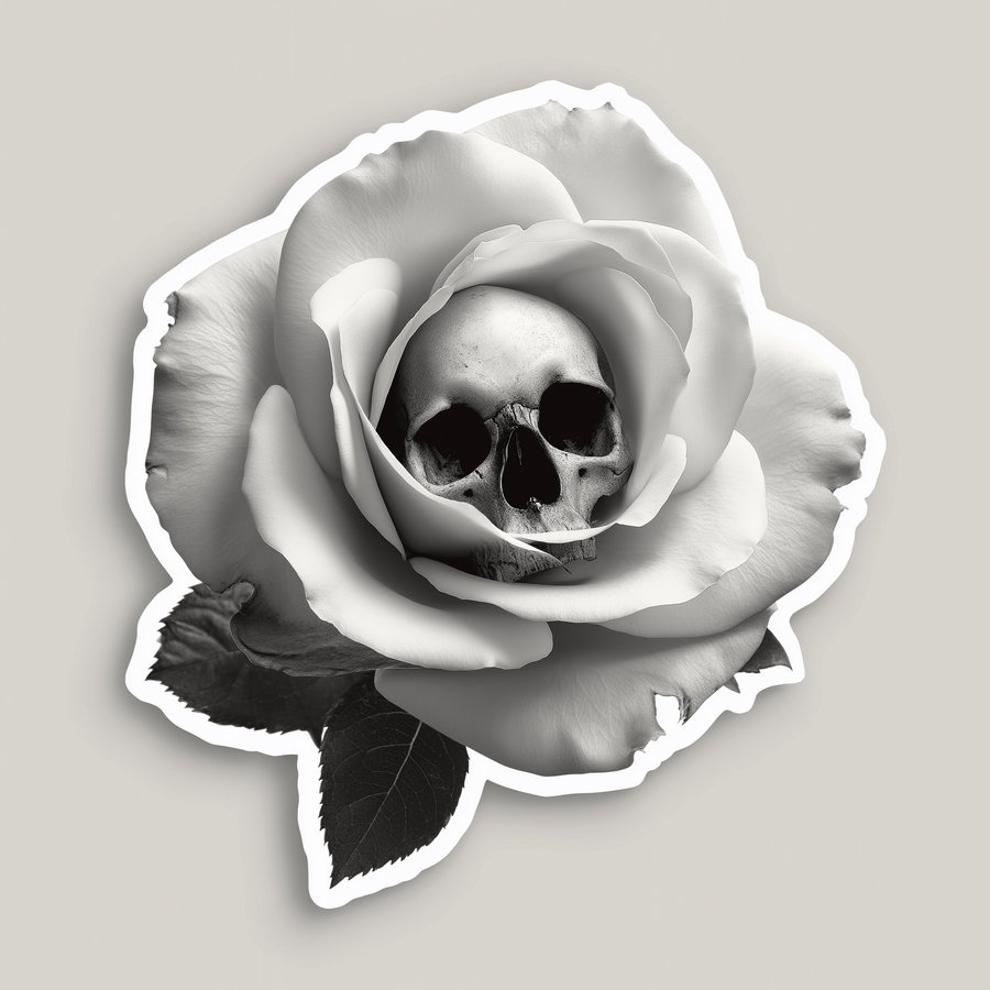 A black and white detailed image of a rose with a human skull in the middle, blending flower petals and bone structure artistically