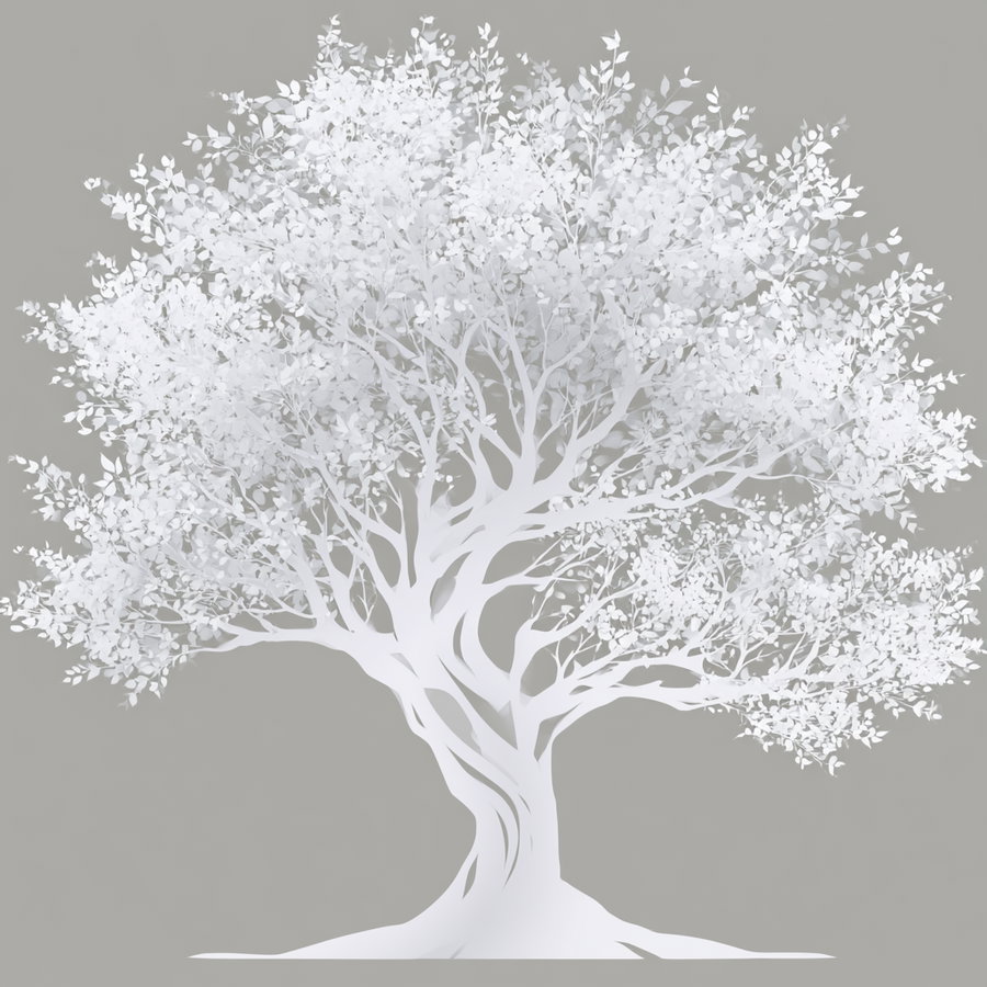 A detailed white tree with numerous small leaves on a solid neutral gray background