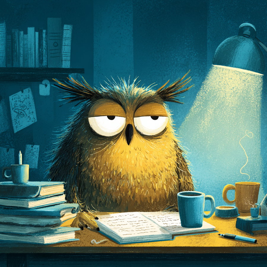A cartoonish owl with tired eyes sitting at a desk covered with open books, coffee mugs, a pen, and an ashtray under a bright desk lamp, with bookshelves and notes in the background