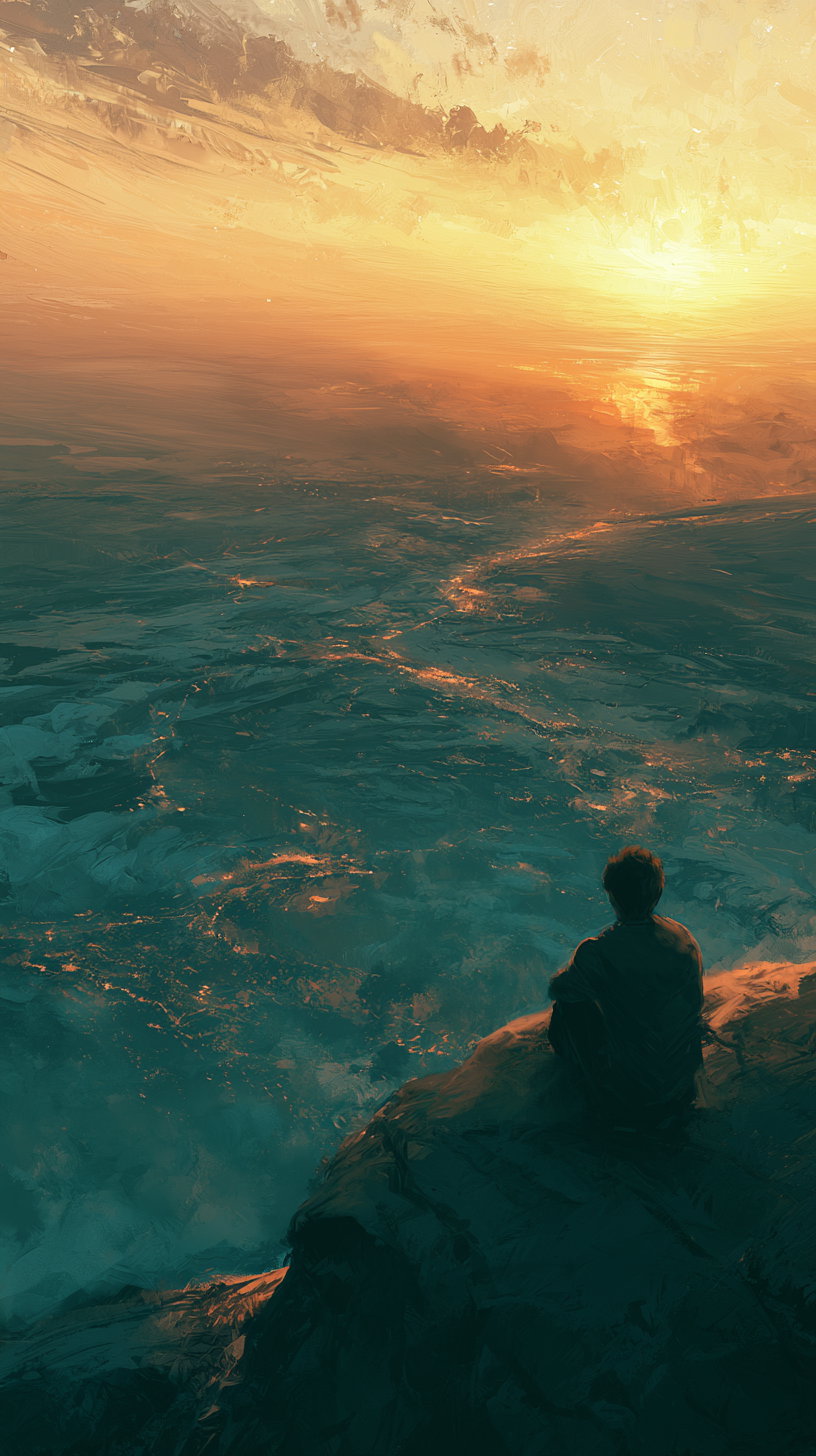 A digital artwork showing a person sitting on a rocky cliff overlooking a vast landscape bathed in the warm golden light of the sunset with textured clouds overhead