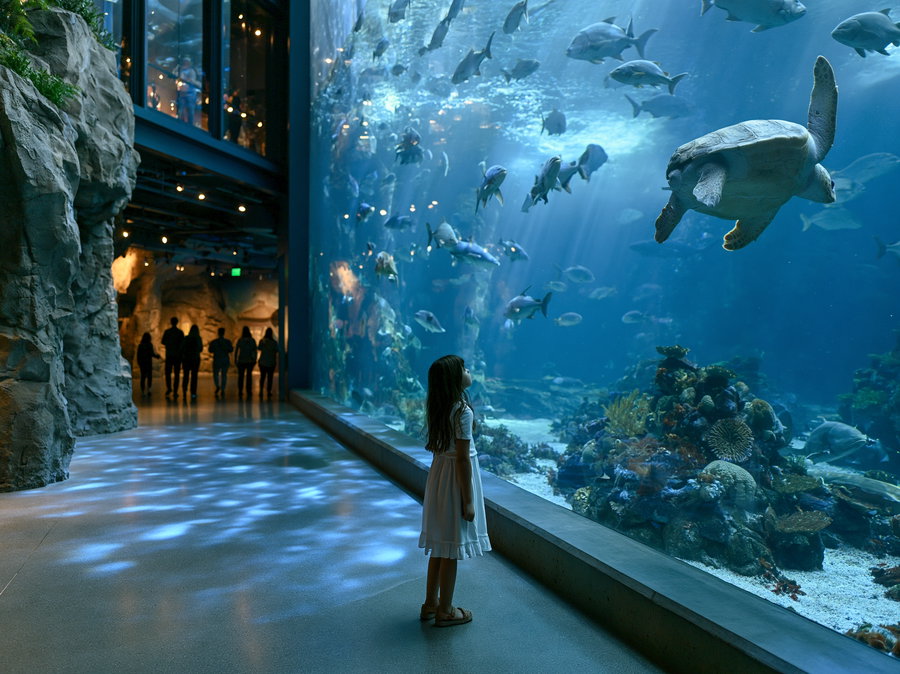 Young girl standing inside an aquarium building looking at sea turtles and fish swimming in a large tank with coral and underwater scenery