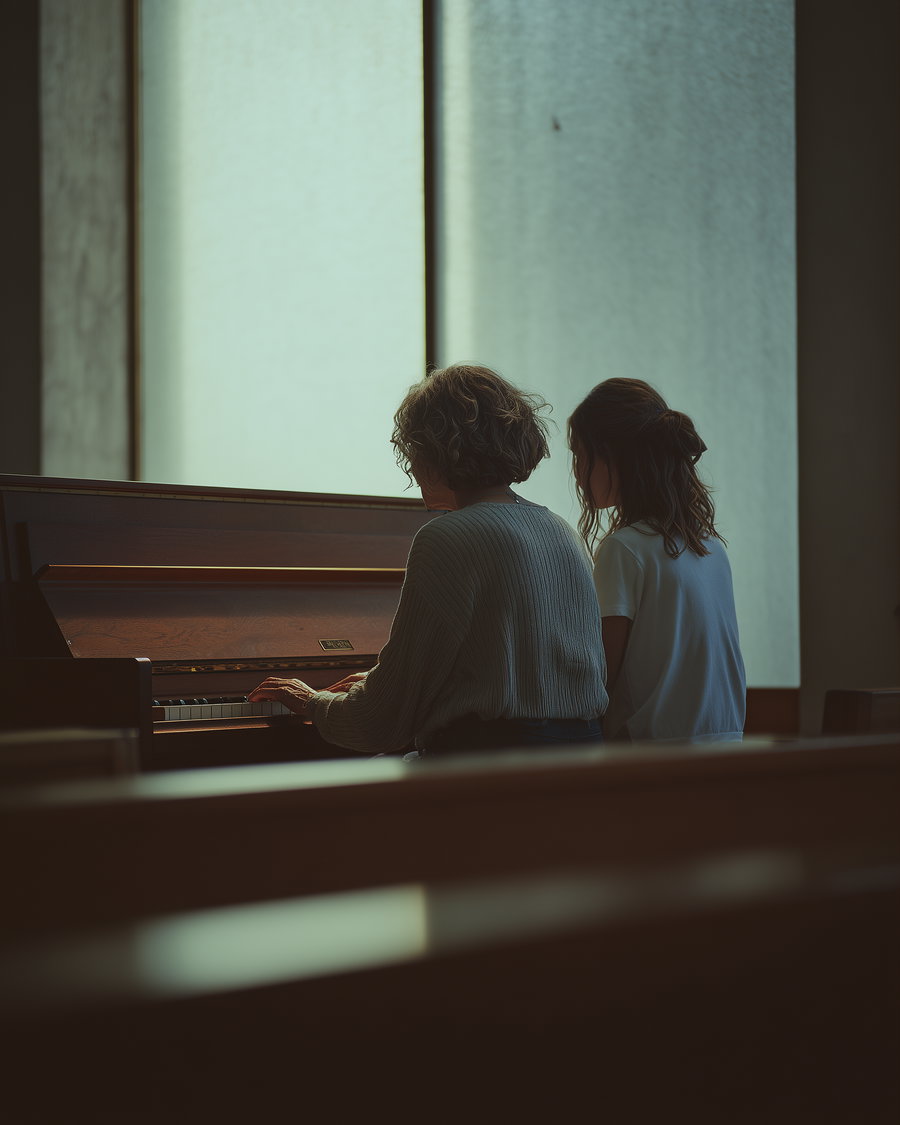 Two women seated at a piano in a dimly lit room with large textured glass windows in the background