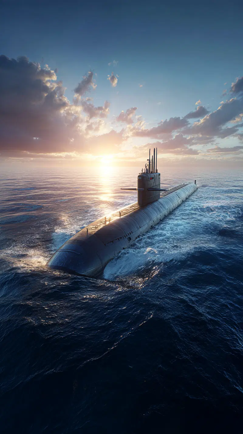 Submarine cruising on the ocean surface at sunset with dramatic clouds
