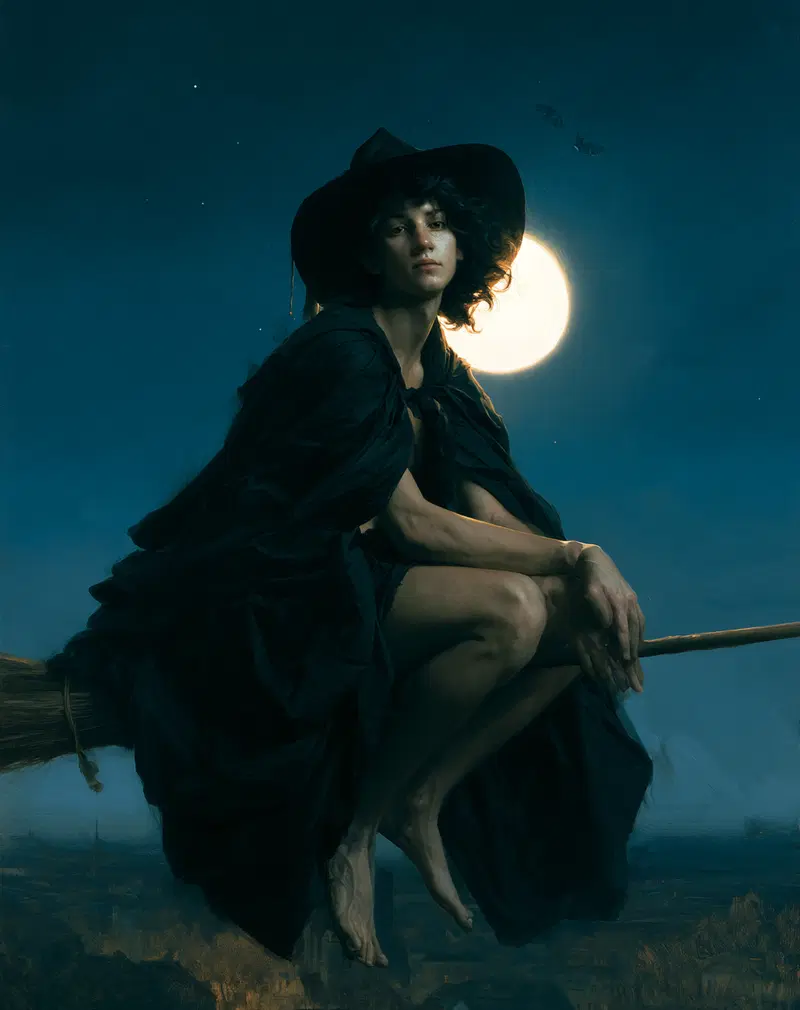 Moody portrait of a witch flying on a broomstick under a full moon at night