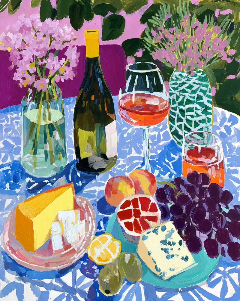 Colorful still life painting with cheese, fruit, wine, and flowers on a patterned table