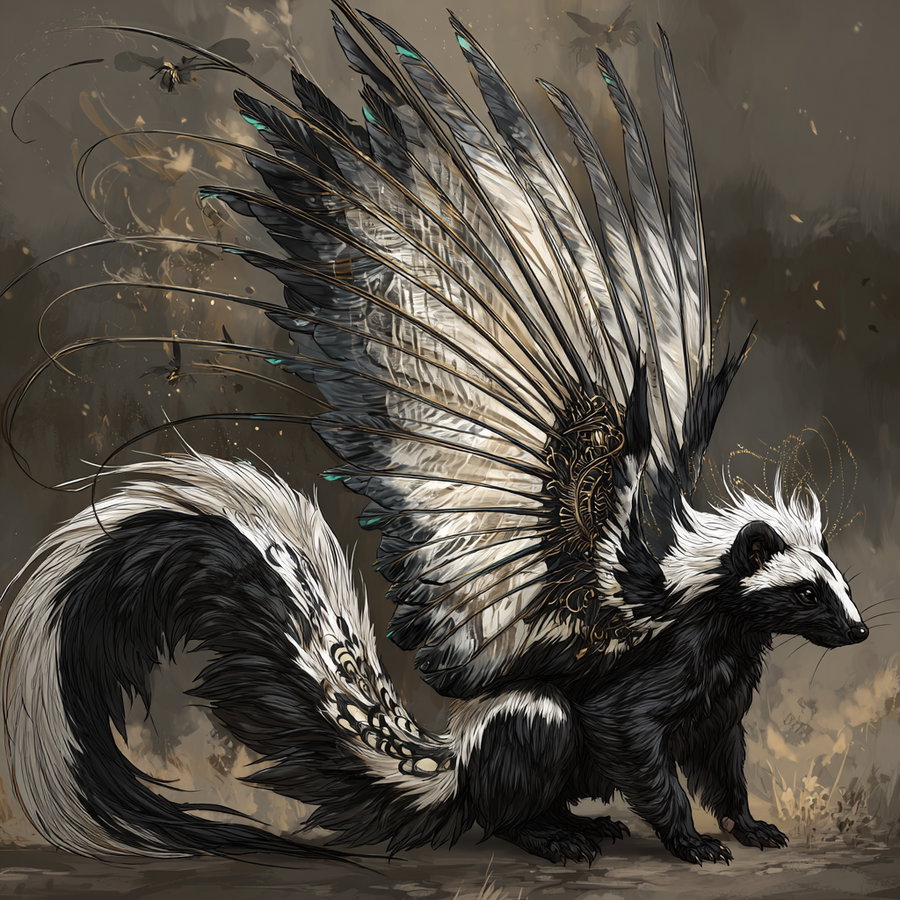 Digital illustration of a black and white skunk with large, detailed wings and decorative patterns on feathers, set against a muted brown background.