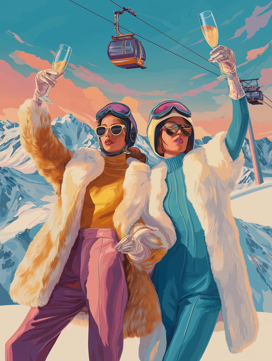 Digital vintage-style illustration of two women in fur coats, ski helmets, and sunglasses holding champagne glasses with a mountain backdrop and cable cars overhead