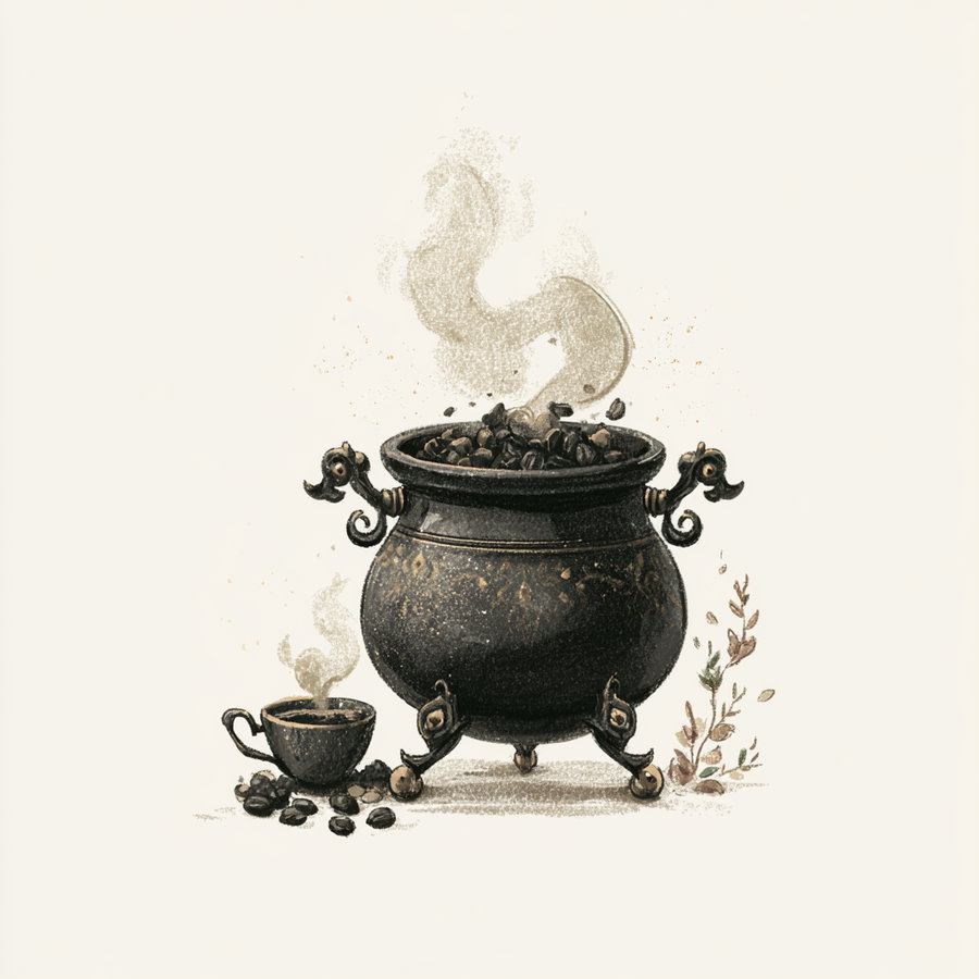 Illustration of a vintage black cauldron filled with coffee beans, next to a small cup of coffee with steam rising, set against a light background with some small leafy plants.