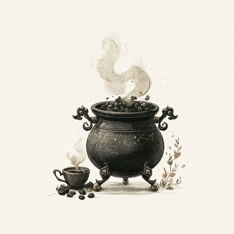 Vintage Style Illustration of a Cauldron and Coffee Cup with Steam