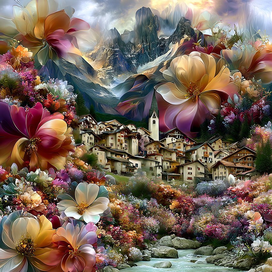 Artistic scene featuring a mountain village surrounded by a dense array of large, colorful flowers with towering mountains in the background and a flowing river in the foreground