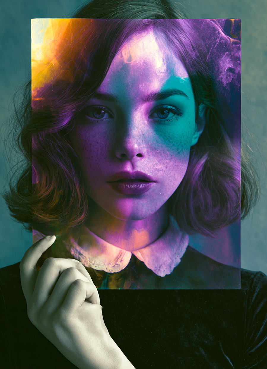 A woman holding a photographic portrait in front of her face, the portrait shows her with surreal colorful lighting and effects covering her face and neck, with visible freckles and short wavy hair, wearing a dress with a white collar