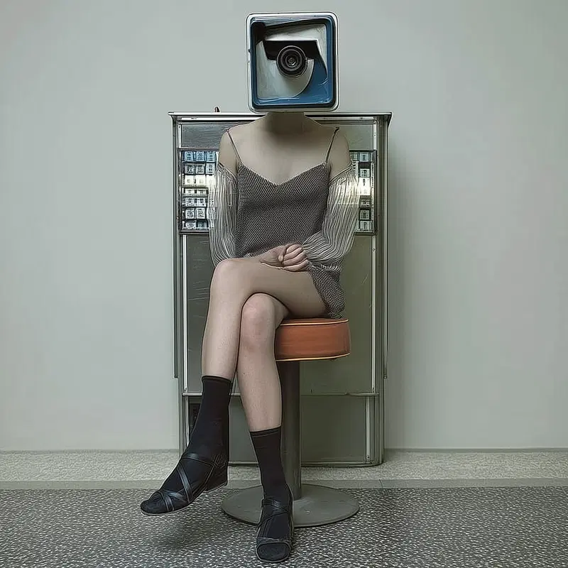 Surreal modern art showing a person with a camera for a head sitting on a chair