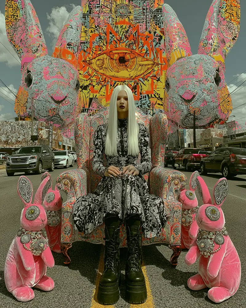 Surreal eclectic wall decor featuring vivid art and whimsical pink rabbits