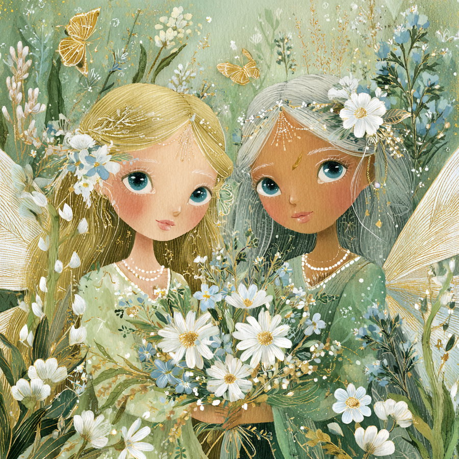 Painting of two fairies with large blue eyes, one with blonde hair and the other with gray hair, surrounded by white flowers, greenery, and two orange butterflies, both wearing green dresses and pearl necklaces