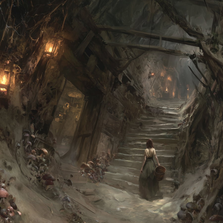 A dark, moody scene depicting a girl carrying a basket ascending worn stone steps in an underground cave or tunnel with warm lantern light and surrounding mushrooms