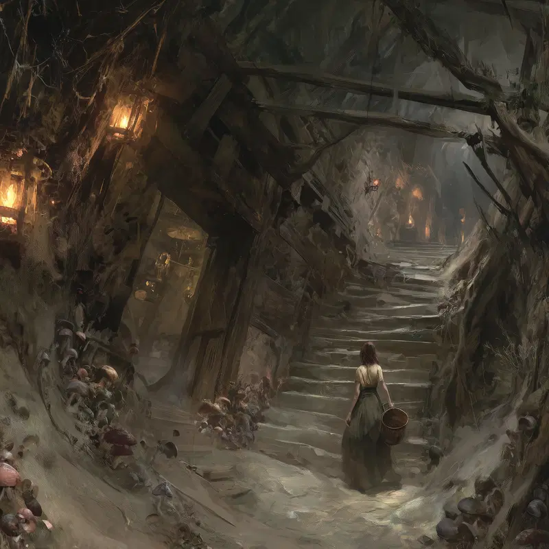 A young woman walking up ancient stone stairs in a dimly lit, atmospheric underground setting