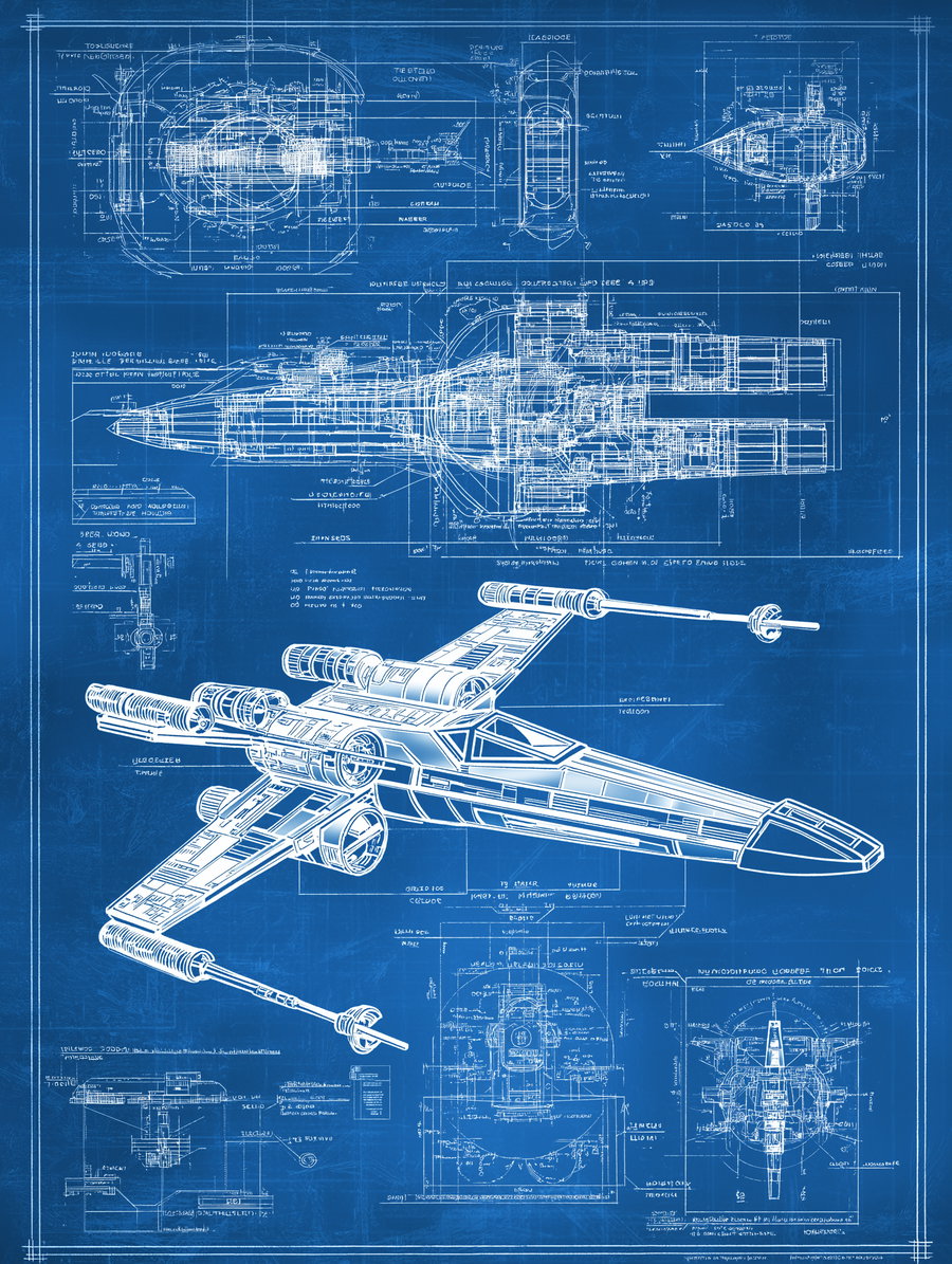 Blueprint-style technical drawing of a spacecraft with multiple views and detailed annotations on a blue background