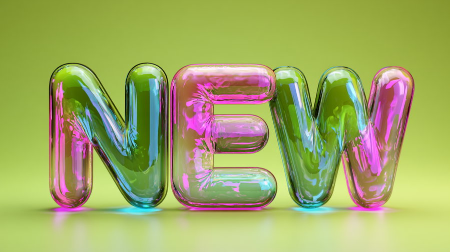 3D transparent balloon-like letters spelling NEON in pink, green, and blue tones on a green background
