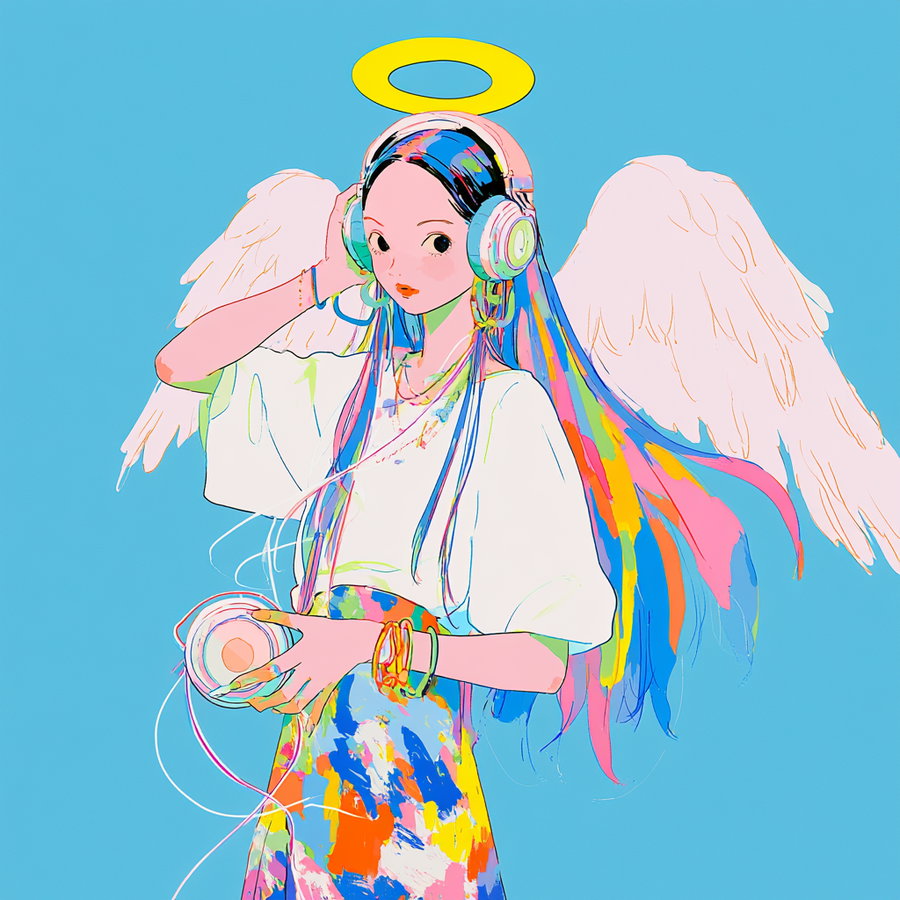 Digital illustration of a girl with long multi-colored hair, white angel wings, a yellow halo, wearing large headphones and holding a portable music player against a blue background