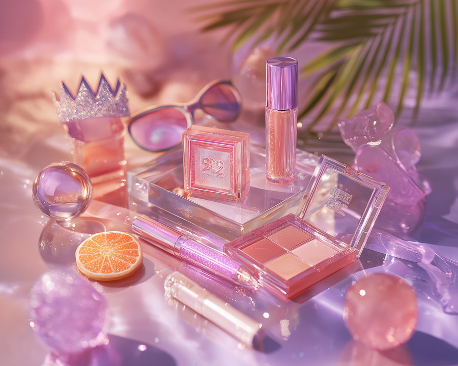 Pink and purple cosmetic items including lip gloss, eyeshadow palette, perfume bottles, a slice of orange decor, and sunglasses on a reflective surface with soft natural lighting and a palm leaf in the background