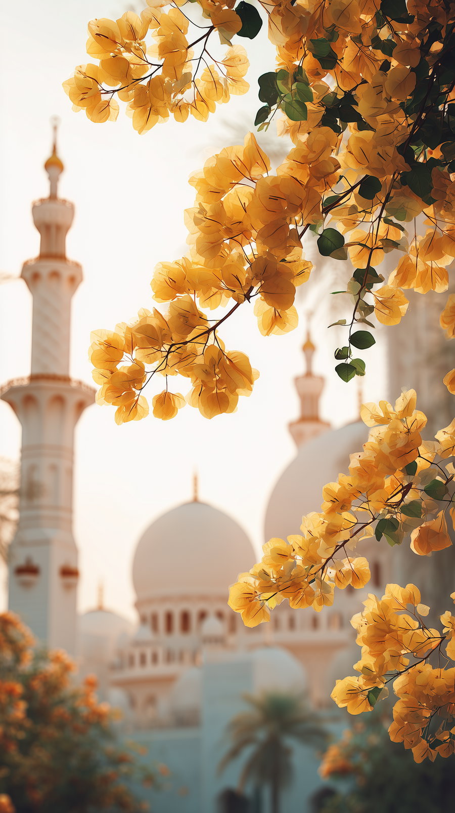 Close-up of yellow flowers on branches in front of a white mosque with domes and minarets, softly lit by warm sunlight