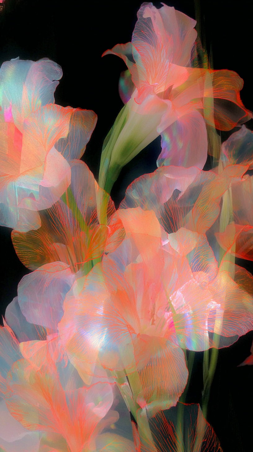 Artistic image showing overlapping translucent flowers with soft pink, orange, and light blue colors on a black background