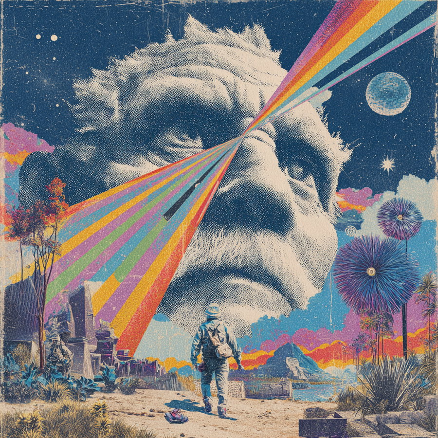 A surreal vintage style composition featuring a large elderly man's face with rainbow beams from eyes, a traveler walking on a path, colorful cosmic background with planets, flowers, and unusual vegetation.