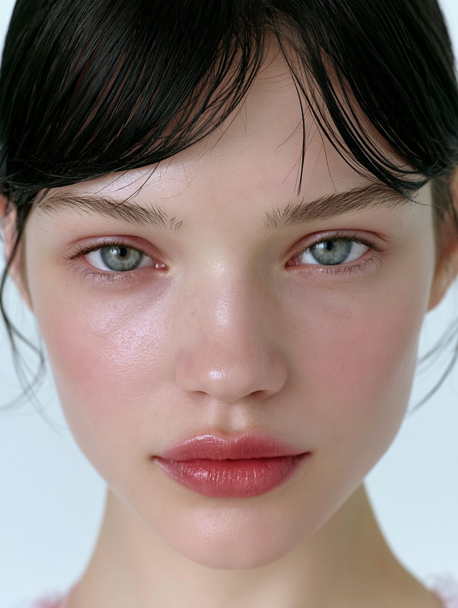 Close-up of a young woman with light skin, blue eyes, glossy lips, and dark hair with bangs, looking directly at the camera