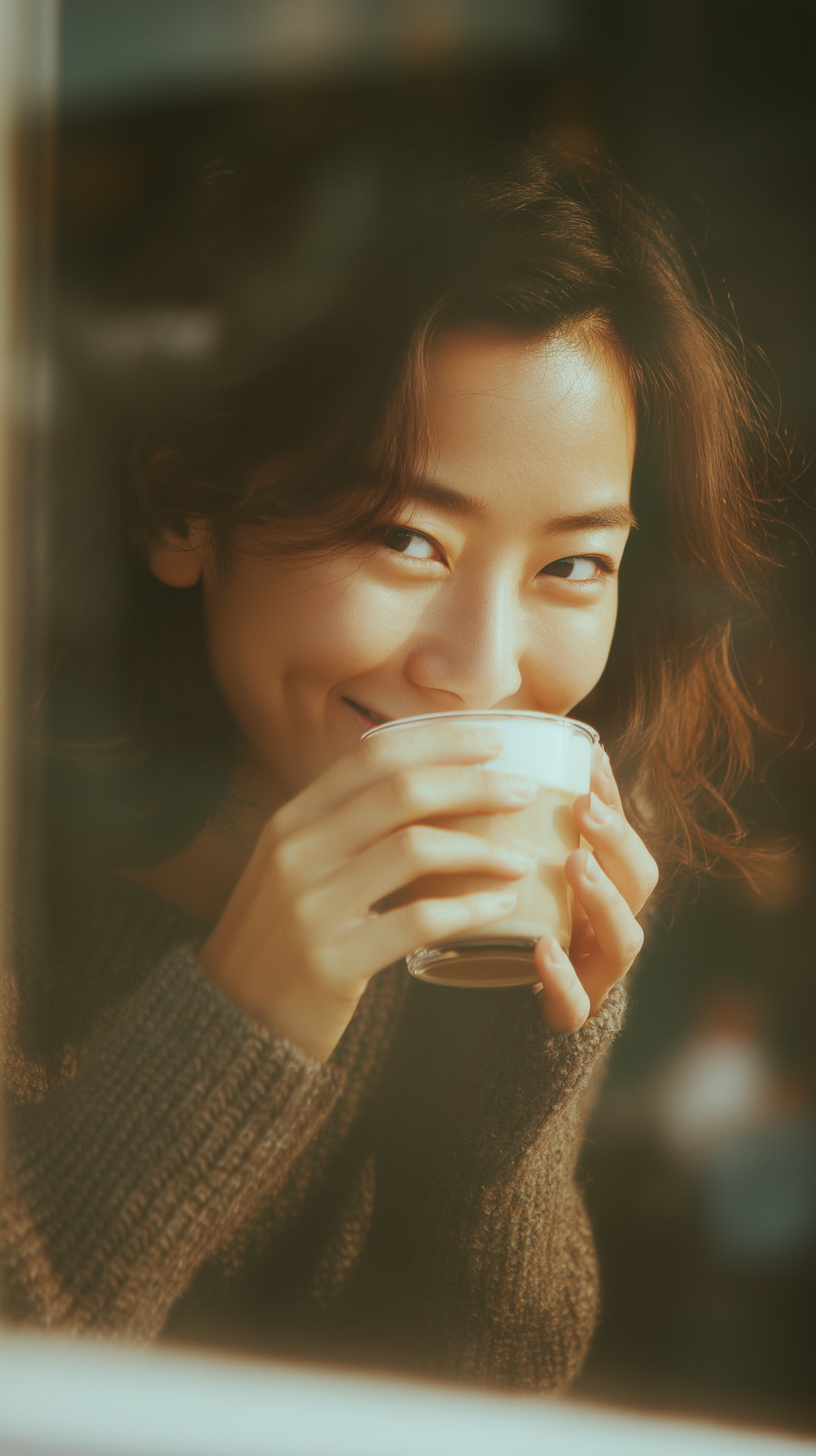 Close-up of a woman with wavy hair holding a cup near her face, smiling gently, wearing a knitted sweater in soft warm light