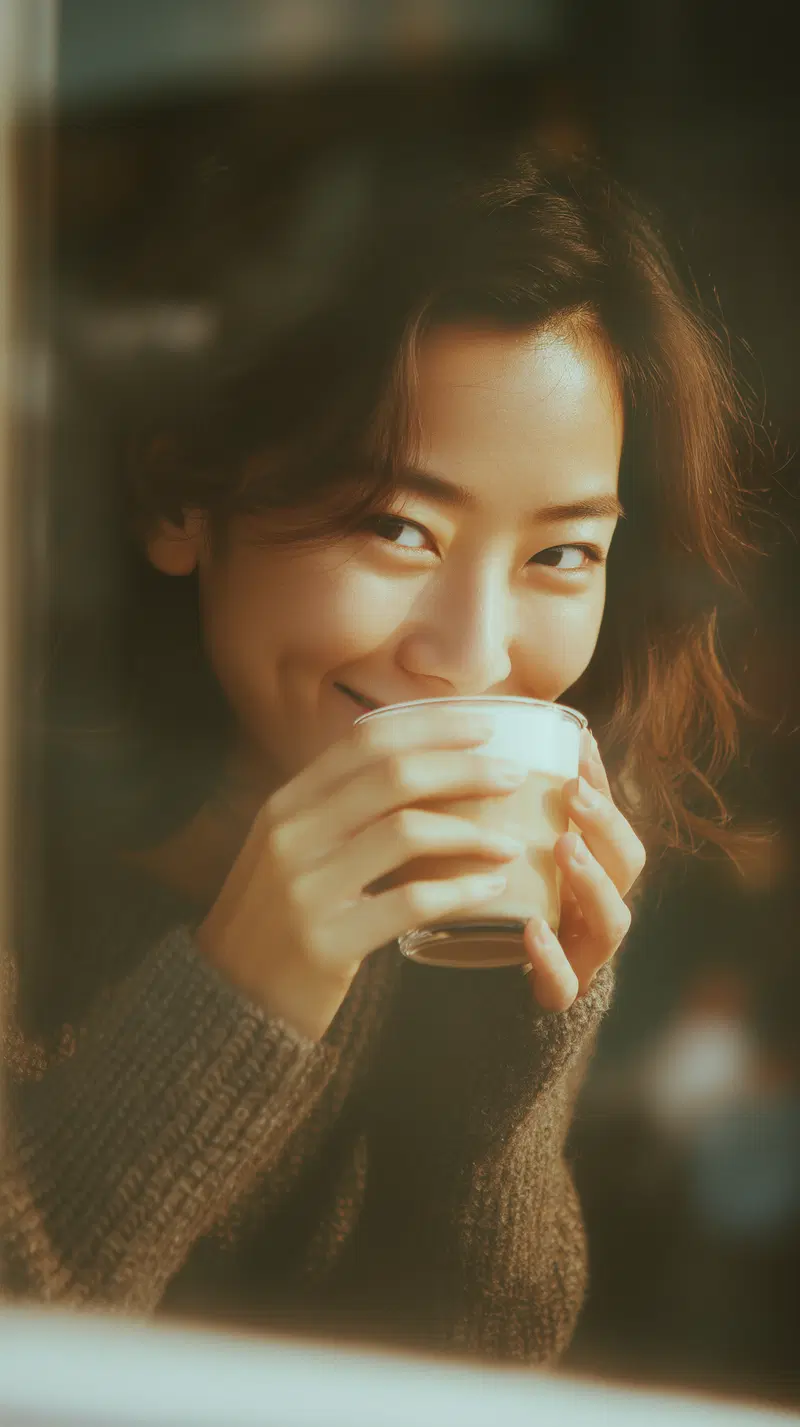 Woman enjoying a warm drink with soft moody lighting and cozy atmosphere