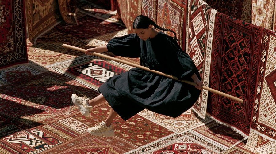 A woman in a black dress and white sneakers sitting mid-air holding a wooden stick against a background of hanging red and beige patterned rugs