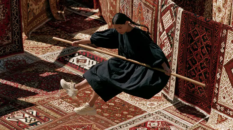 Classic European style with traditional red and beige patterned rugs and a woman in a black dress