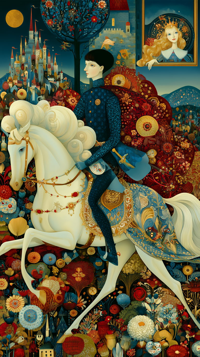 Detailed illustration of a noble figure dressed in blue riding a white horse adorned with ornate decorations, surrounded by vibrant flowers, a castle in the background, and a framed portrait of a crowned woman