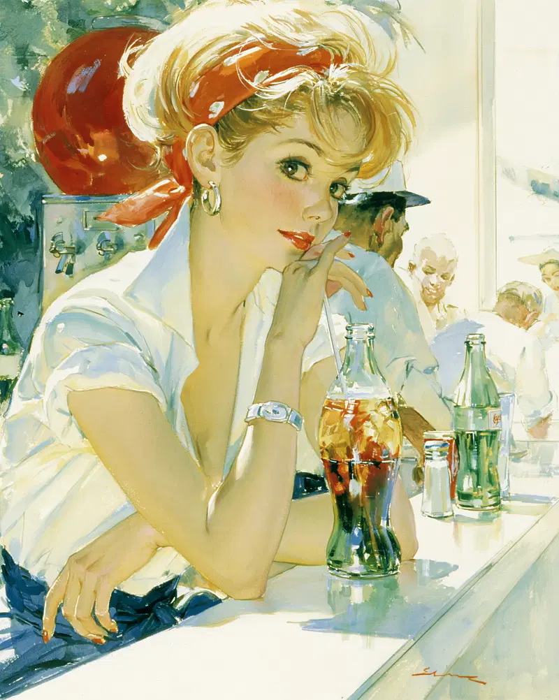 Vintage 1950s style painting of a young woman drinking soda at a diner