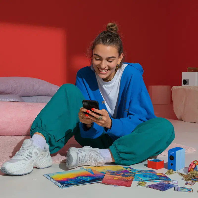 Young woman enjoying colorful art prints and cards seated on floor